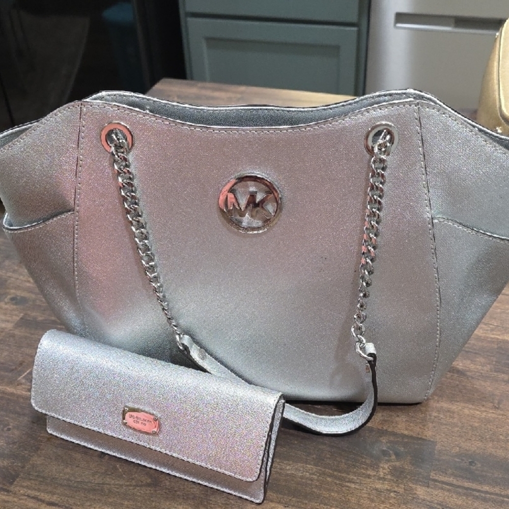 Michael Kors Silver Tote With Matching Clutch